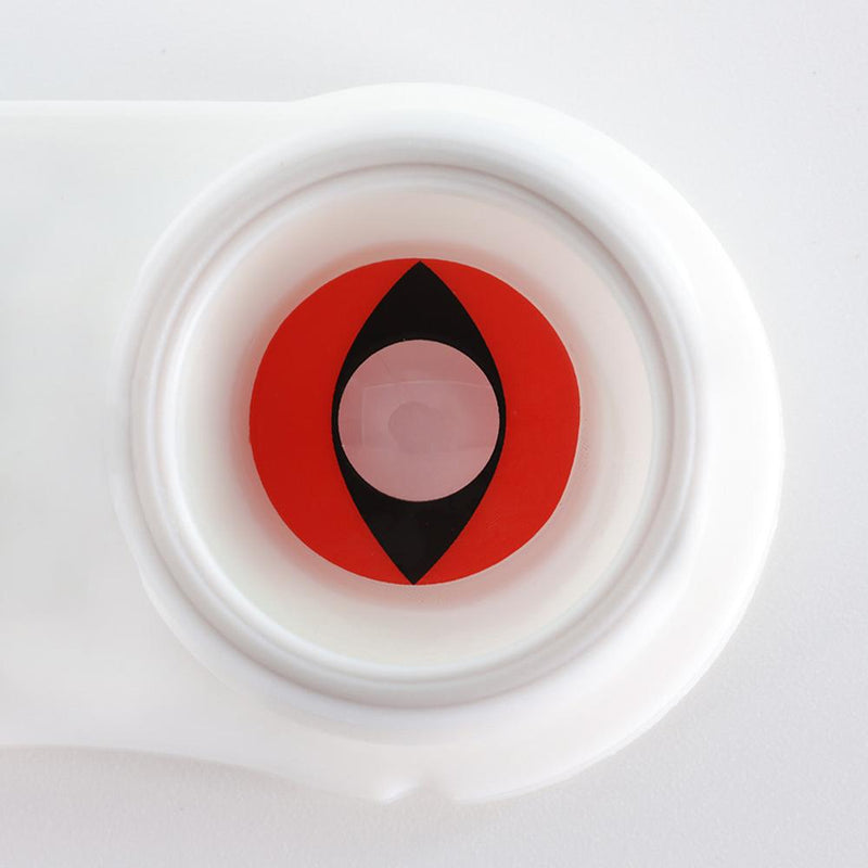 Red Cat Eye cosplay contacts lenses in the lens case