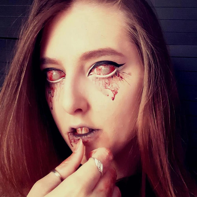 Model are wearing Patient Zero Sclera Contacts